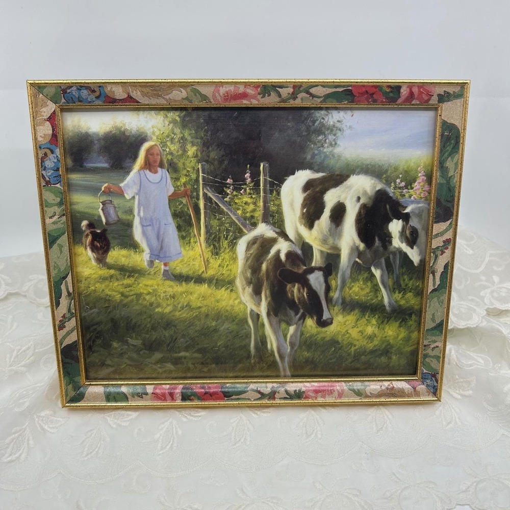 Vintage 80s Cow Farm Prairie Artwork Pair Floral Gold Framed Cottagecore Prints - Picture 3 of 14